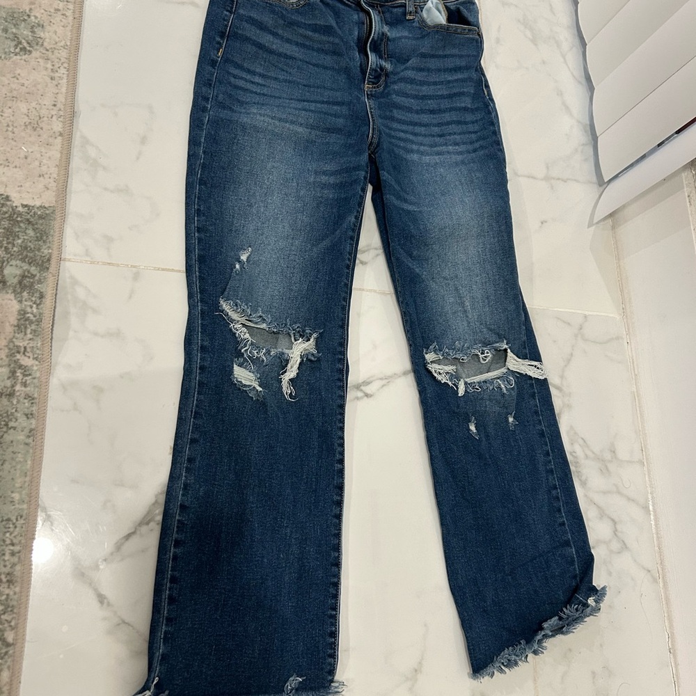 Sneak Peek Dark Blue Distressed Wide-Leg Jeans